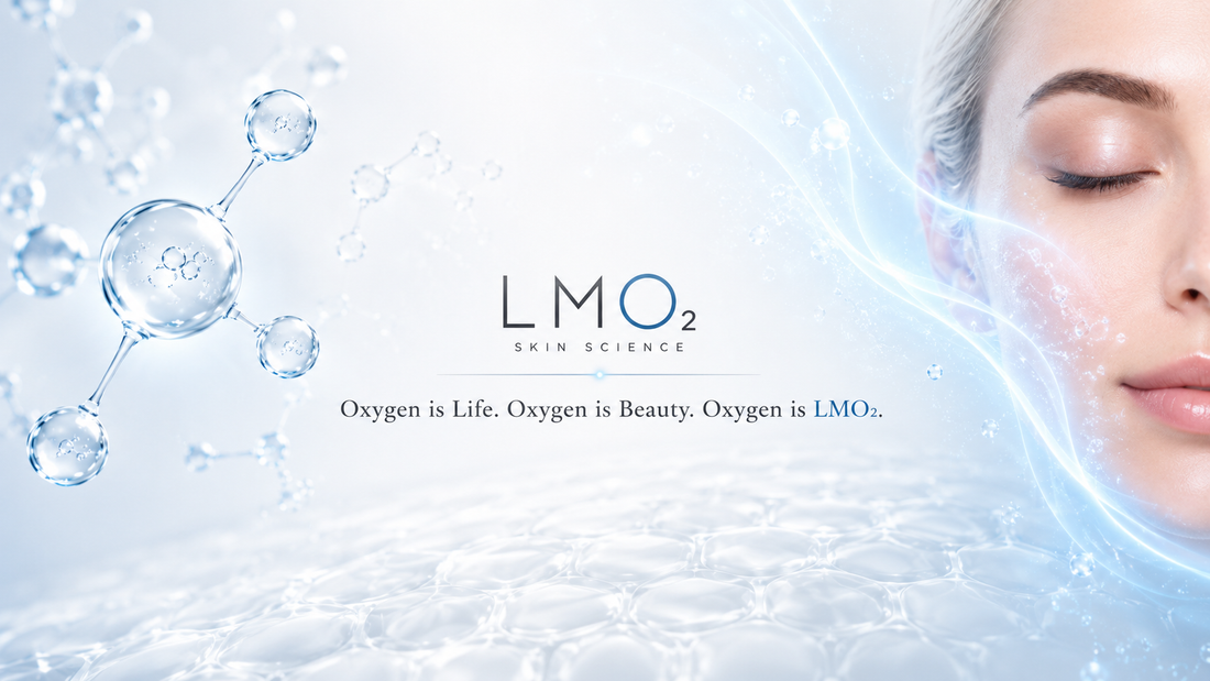 LMO2 Skin Science logo with oxygen-inspired graphics and a woman’s face.